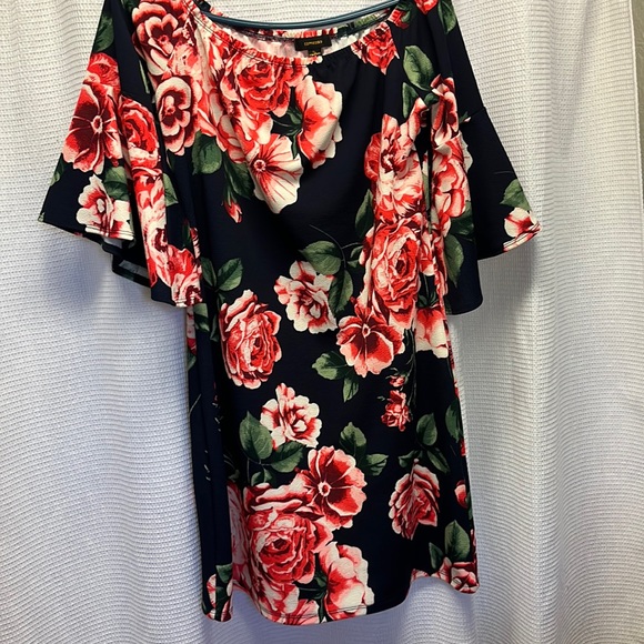 Espresso navy with pink floral bell sleeve pull over XL elastic neckline dress - Picture 1 of 11